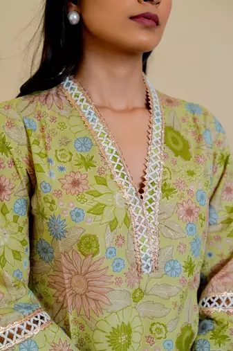 Mustard Green Regular Fit Cotton Floral Foil Printed Kurta With Pant