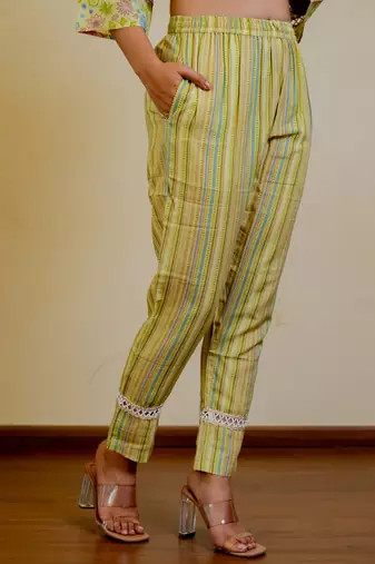 Mustard Green Regular Fit Cotton Floral Foil Printed Kurta With Pant