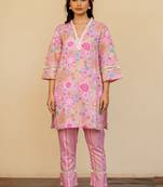 Women's Pink Blue Regular Fit Cotton Floral Foil Printed Kurta With Pant