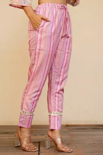 Women's Pink Blue Regular Fit Cotton Floral Foil Printed Kurta With Pant