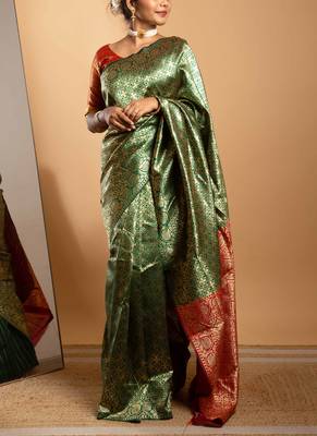 Green and red zari woven saree with floral motifs 2