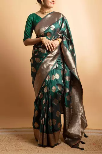 Emerald green art silk saree with zari woven leaf motifs
