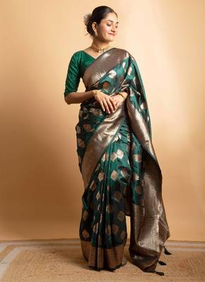 Emerald green art silk saree with zari woven leaf motifs 1