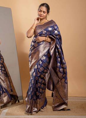 Navy blue zari woven saree with floral motifs and grand border 1