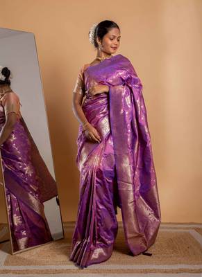 Royal purple zari woven saree with floral vine motifs 1