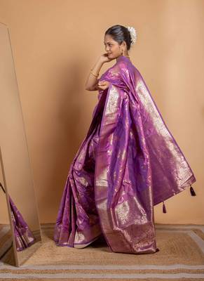 Royal purple zari woven saree with floral vine motifs 2