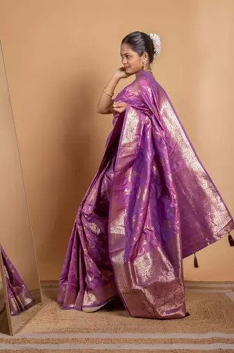 Royal purple zari woven saree with floral vine motifs