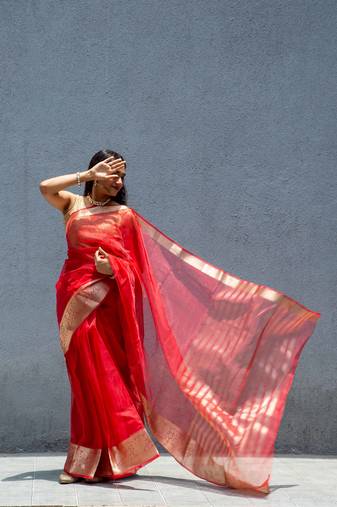 Red banarasi organza saree
