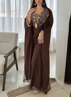 Coffee-Brown Georgette Handcrafted Zari Bedded neck work stitched Kaftan Party Wedding Dresses 2