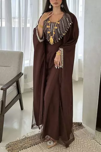 Coffee-Brown Georgette Handcrafted Zari Bedded neck work stitched Kaftan Party Wedding Dresses