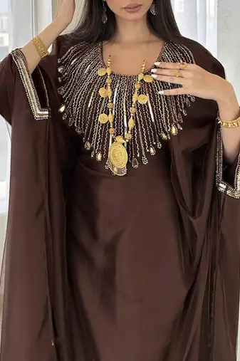 Coffee-Brown Georgette Handcrafted Zari Bedded neck work stitched Kaftan Party Wedding Dresses