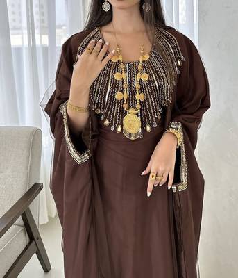 Coffee-Brown Georgette Handcrafted Zari Bedded neck work stitched Kaftan Party Wedding Dresses 4
