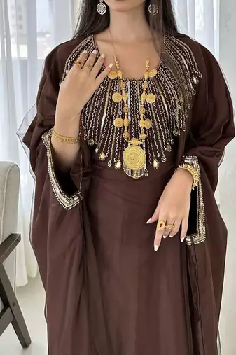 Coffee-Brown Georgette Handcrafted Zari Bedded neck work stitched Kaftan Party Wedding Dresses