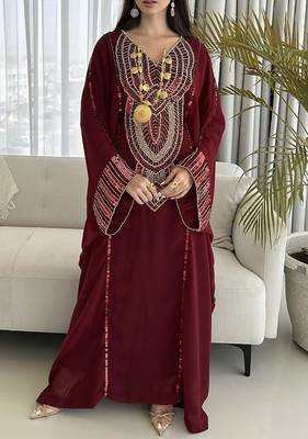 Royal Maroon Georgette Handcrafted Zari Bedded neck work stitched Kaftan Party Wedding Dresses 1