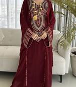 Royal Maroon Georgette Handcrafted Zari Bedded neck work stitched Kaftan Party Wedding Dresses