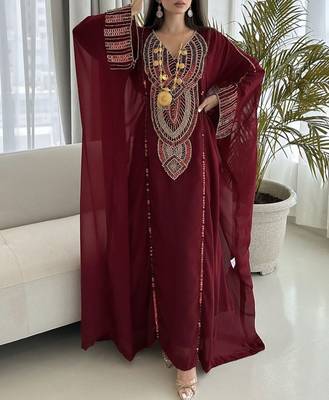 Royal Maroon Georgette Handcrafted Zari Bedded neck work stitched Kaftan Party Wedding Dresses 2