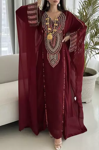 Royal Maroon Georgette Handcrafted Zari Bedded neck work stitched Kaftan Party Wedding Dresses