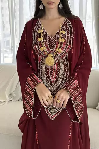 Royal Maroon Georgette Handcrafted Zari Bedded neck work stitched Kaftan Party Wedding Dresses