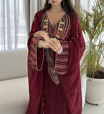 Royal Maroon Georgette Handcrafted Zari Bedded neck work stitched Kaftan Party Wedding Dresses 4