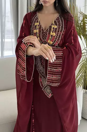 Royal Maroon Georgette Handcrafted Zari Bedded neck work stitched Kaftan Party Wedding Dresses