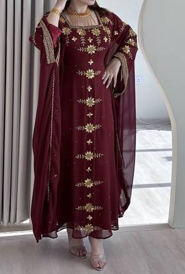 Maroon Georgette Handcrafted Zari Bedded neck work stitched Kaftan Party Wedding Dresses 1