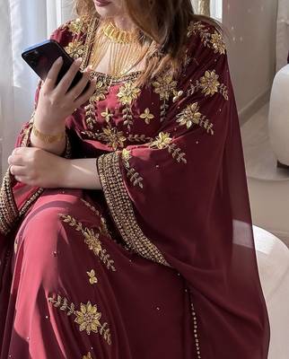 Maroon Georgette Handcrafted Zari Bedded neck work stitched Kaftan Party Wedding Dresses 2