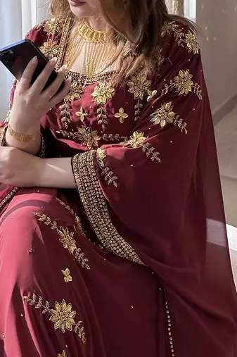 Maroon Georgette Handcrafted Zari Bedded neck work stitched Kaftan Party Wedding Dresses