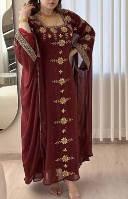 Maroon Georgette Handcrafted Zari Bedded neck work stitched Kaftan Party Wedding Dresses 3