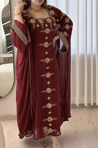 Maroon Georgette Handcrafted Zari Bedded neck work stitched Kaftan Party Wedding Dresses