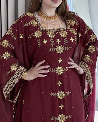 Maroon Georgette Handcrafted Zari Bedded neck work stitched Kaftan Party Wedding Dresses 4