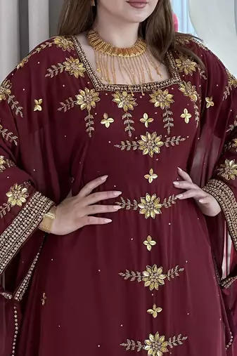 Maroon Georgette Handcrafted Zari Bedded neck work stitched Kaftan Party Wedding Dresses