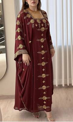 Maroon Georgette Handcrafted Zari Bedded neck work stitched Kaftan Party Wedding Dresses 5