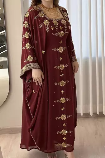 Maroon Georgette Handcrafted Zari Bedded neck work stitched Kaftan Party Wedding Dresses