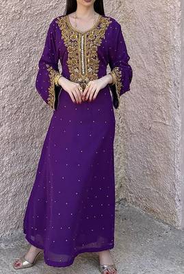 Purple Georgette Handcrafted Zari Bedded neck work stitched Kaftan Party Wedding Dresses	 1