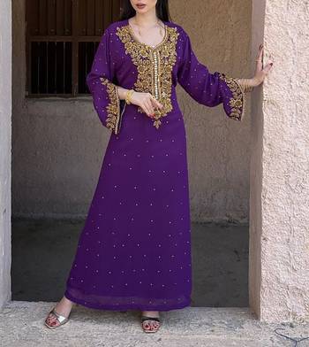 Purple Georgette Handcrafted Zari Bedded neck work stitched Kaftan Party Wedding Dresses	 2