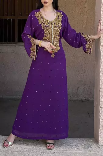 Purple Georgette Handcrafted Zari Bedded neck work stitched Kaftan Party Wedding Dresses	