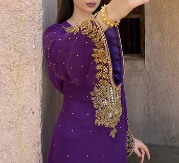 Purple Georgette Handcrafted Zari Bedded neck work stitched Kaftan Party Wedding Dresses	 3