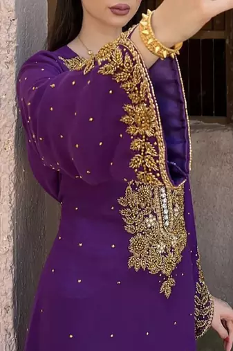 Purple Georgette Handcrafted Zari Bedded neck work stitched Kaftan Party Wedding Dresses	