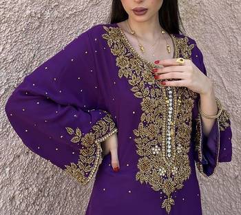 Purple Georgette Handcrafted Zari Bedded neck work stitched Kaftan Party Wedding Dresses	 4