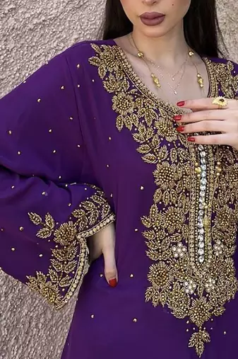Purple Georgette Handcrafted Zari Bedded neck work stitched Kaftan Party Wedding Dresses	
