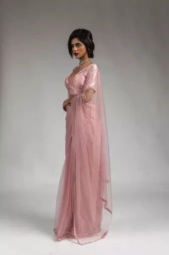 pink embroidered net one minute saree