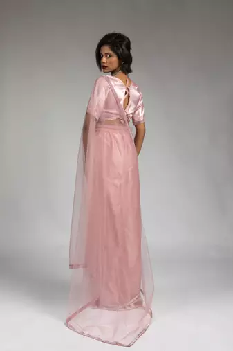 pink embroidered net one minute saree