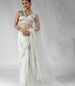 White embroidered net one minute saree with blouse piece