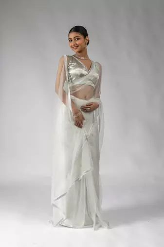 white embroidered net one minute saree