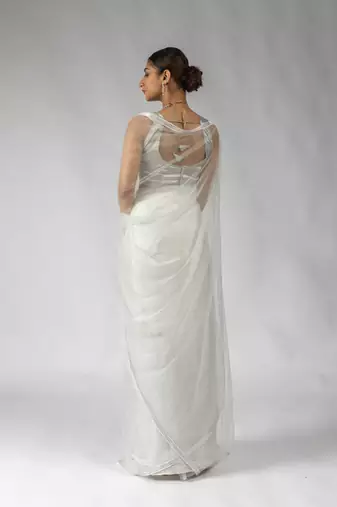 white embroidered net one minute saree