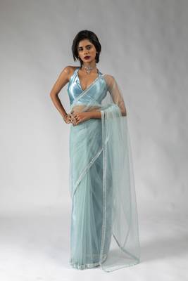 Ready to wear Blue embroidered net one minute saree with blouse piece 1