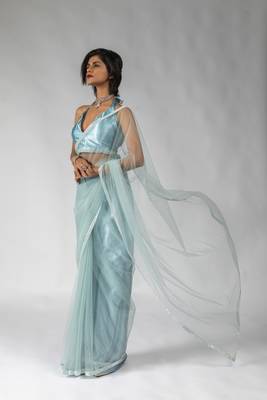 Ready to wear Blue embroidered net one minute saree with blouse piece 3