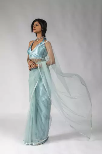 Ready to wear Blue embroidered net one minute saree with blouse piece