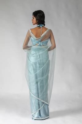 Ready to wear Blue embroidered net one minute saree with blouse piece 4