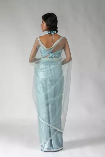 Ready to wear Blue embroidered net one minute saree with blouse piece